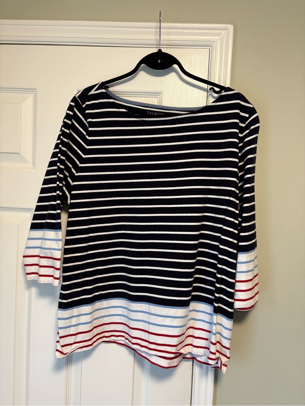 Talbots Navy, White & Red Striped Boatneck Long Sleeve Top